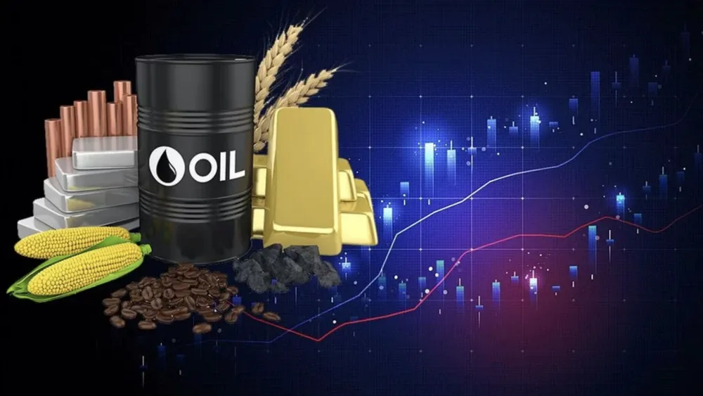 Oil barrel, gold bars, silver, copper, wheat, corn and coffee beans in front of a price chart