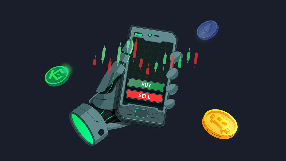 Illustration of a hand holding a smartphone with a candlestick chart and buy and sell buttons