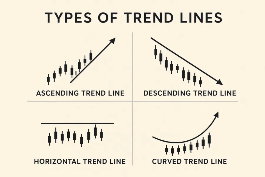 Types of trend lines: ascending, descending, horizontal and curved